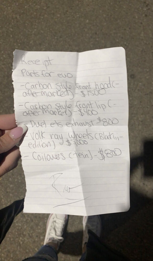 Rhomark Visaya's name on a receipt for $8500 CAD for parts for Brianna Schison's Evo