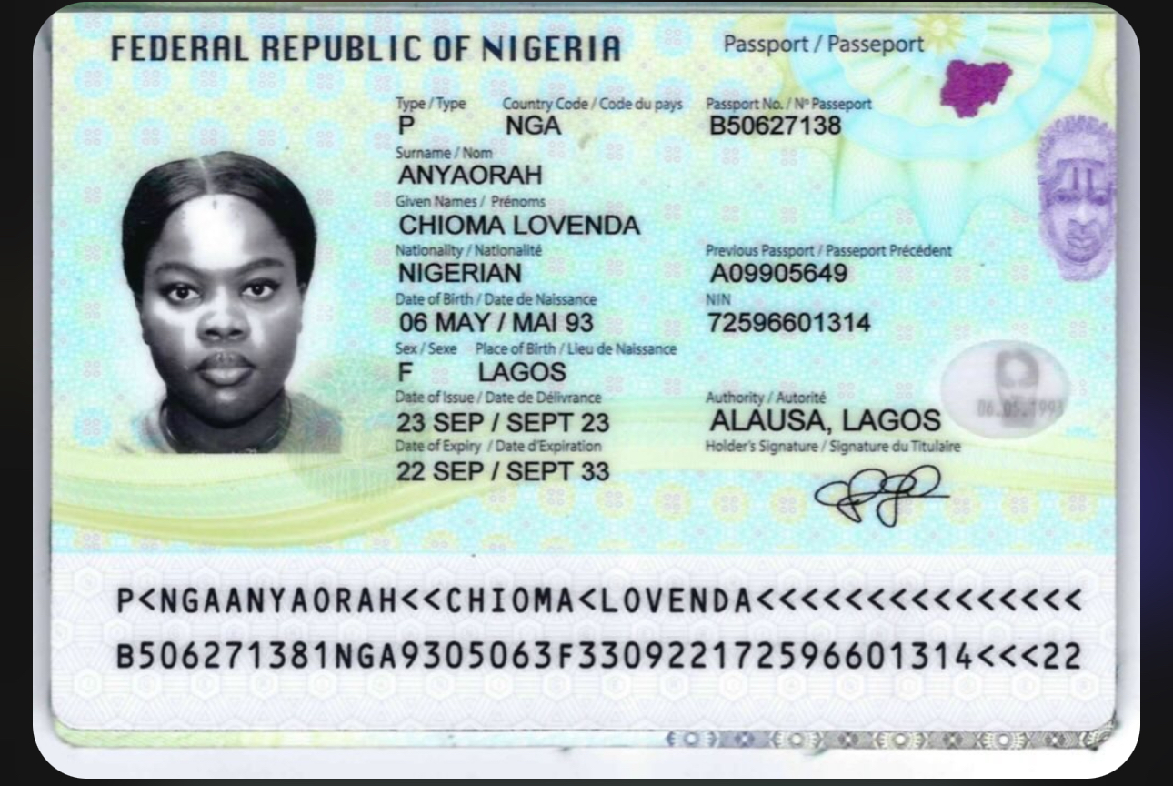 Chioma Lovenda Anyaorah Nigerian passport