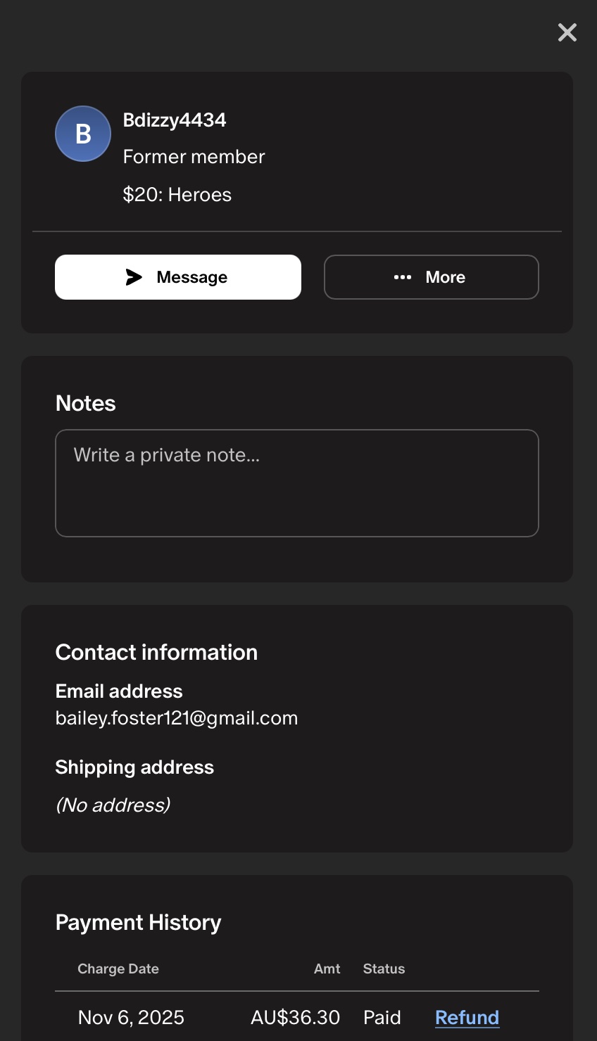Bailey Foster's email and username from the Shore Thang Patreon page
